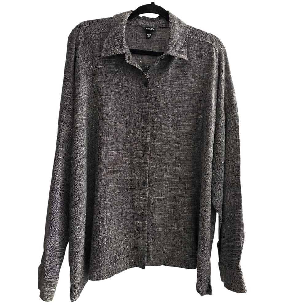 Eileen Fisher Womens Medium Grey Linen Viscose Blend Button Down Shirt Italian